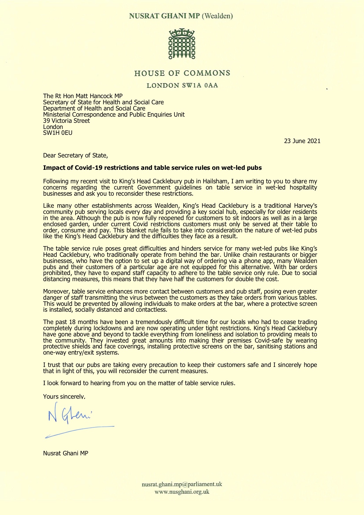 Letter to Health Secretary