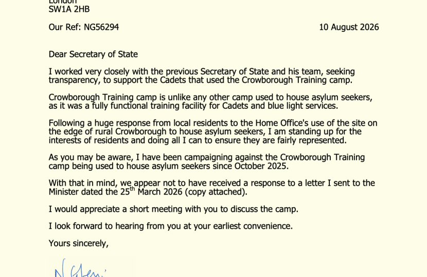 Copy of letter sent to the Secretary of State asking for a meeting about the cadet camp in Crowborough