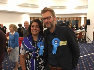 Nus Ghani and her husband David at the count held in Uckfield at the East Sussex National Hotel