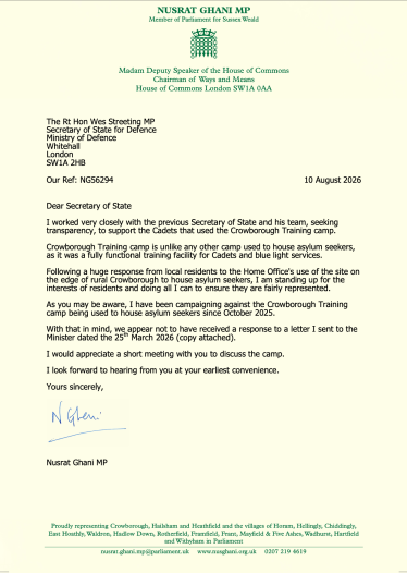 Copy of letter sent to the Secretary of State asking for a meeting about the cadet camp in Crowborough